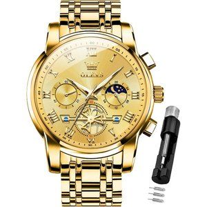 OLEVS Men Roman Numeral Big Face Dial Stainless Steel Analog Wrist Watch-Gold